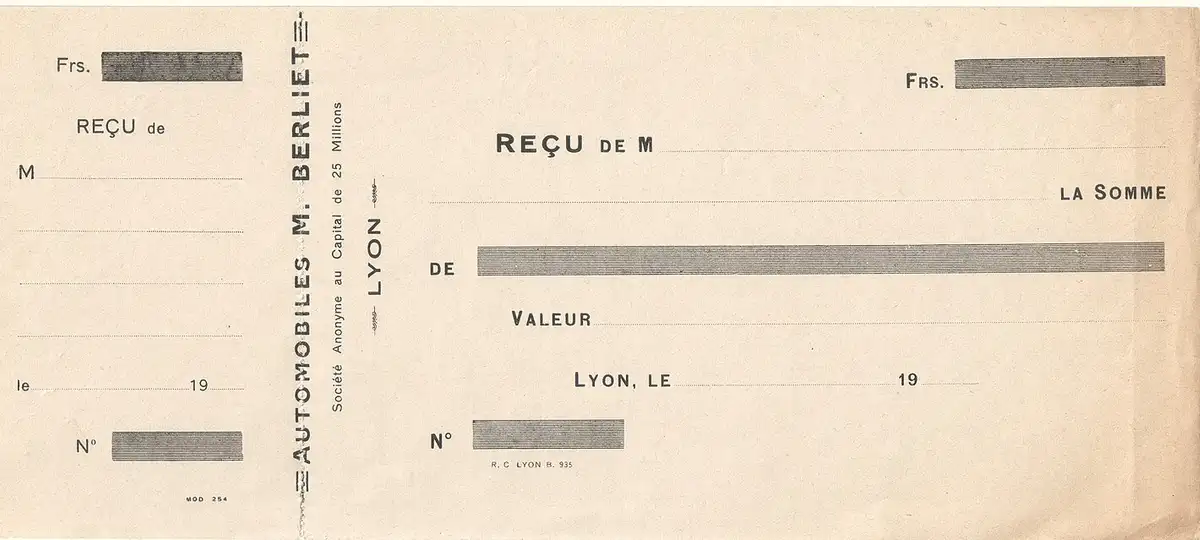 Reçu émis par le constructeur lyonnais d'automobiles Berliet, datant de l'entre-deux guerres.
