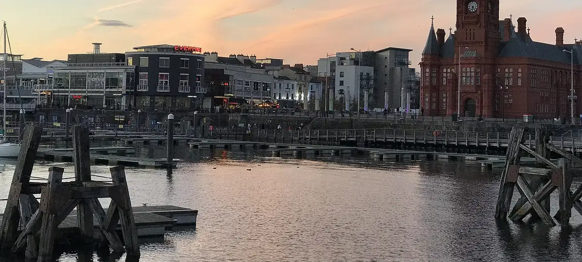 Cardiff Bay viewed from the south east. On the right is the Pierhead building.