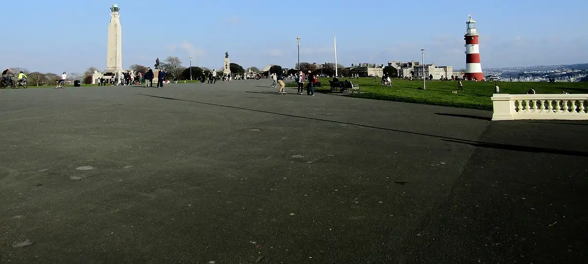 Part of the Promenade at Plymouth Hoe, on the coast of Devon, England. The obelisk to the left is the Plymouth Naval Memorial. The